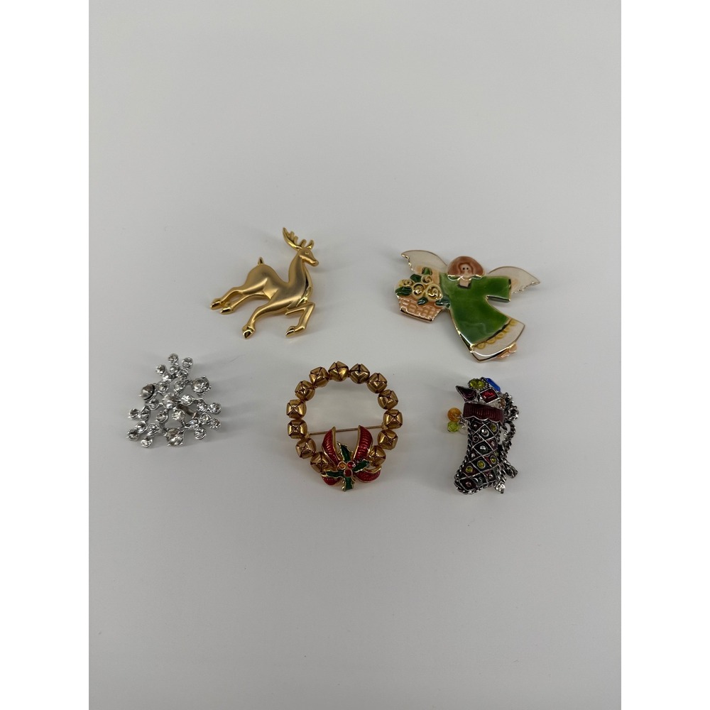 Vintage Brooch Lot 9pc Christmas Reindeer Angel Butterfly Treble Clef Pins